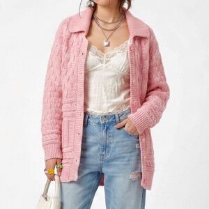 Vintage Hand Knit Pink Mixed Texture Cable Cardigan Button Up Grandma Sweater